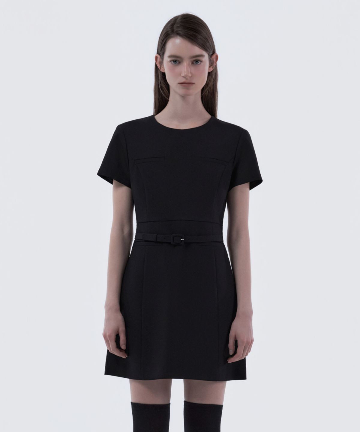 마우솔레움(MAU SOLEUM) Belted Round Neck Suit Dress - Black