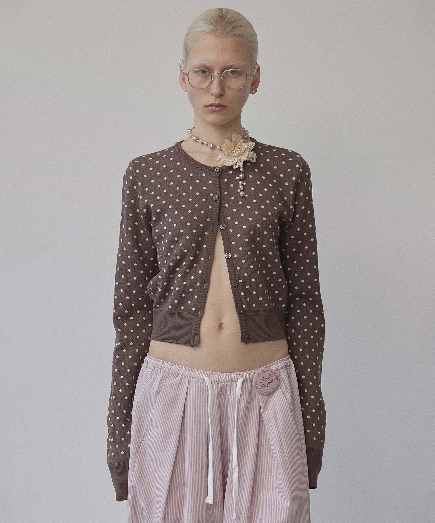MUSINSA | SCULPTOR Polka Dot Cardigan Brown/Baby Pink