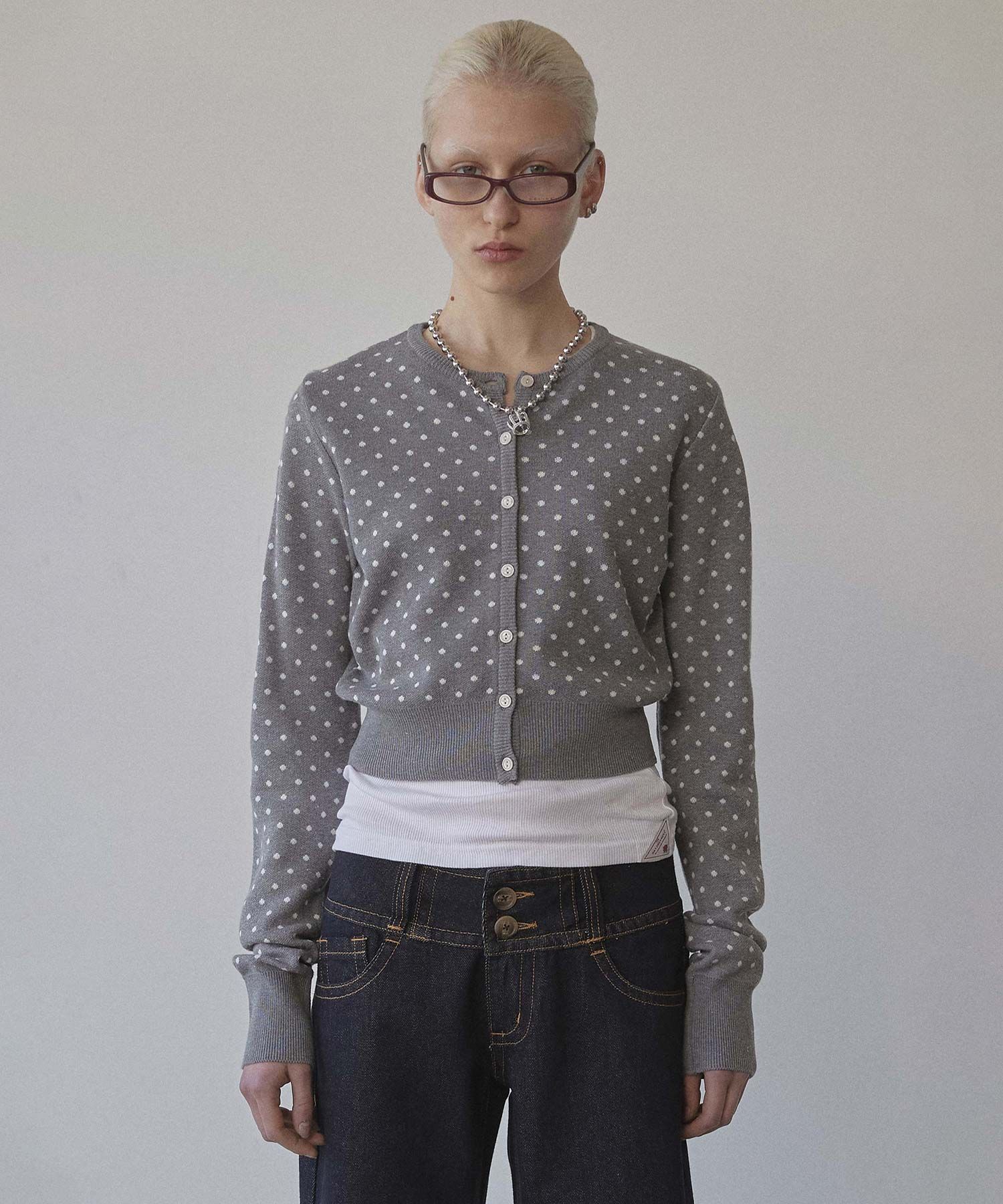 ★SCULPTOR★ Polka Dot Cardigan Melange GrayWhite SC25S213MG MUSINSA | SCULPTOR Polka Dot Cardigan Melange Gray/White