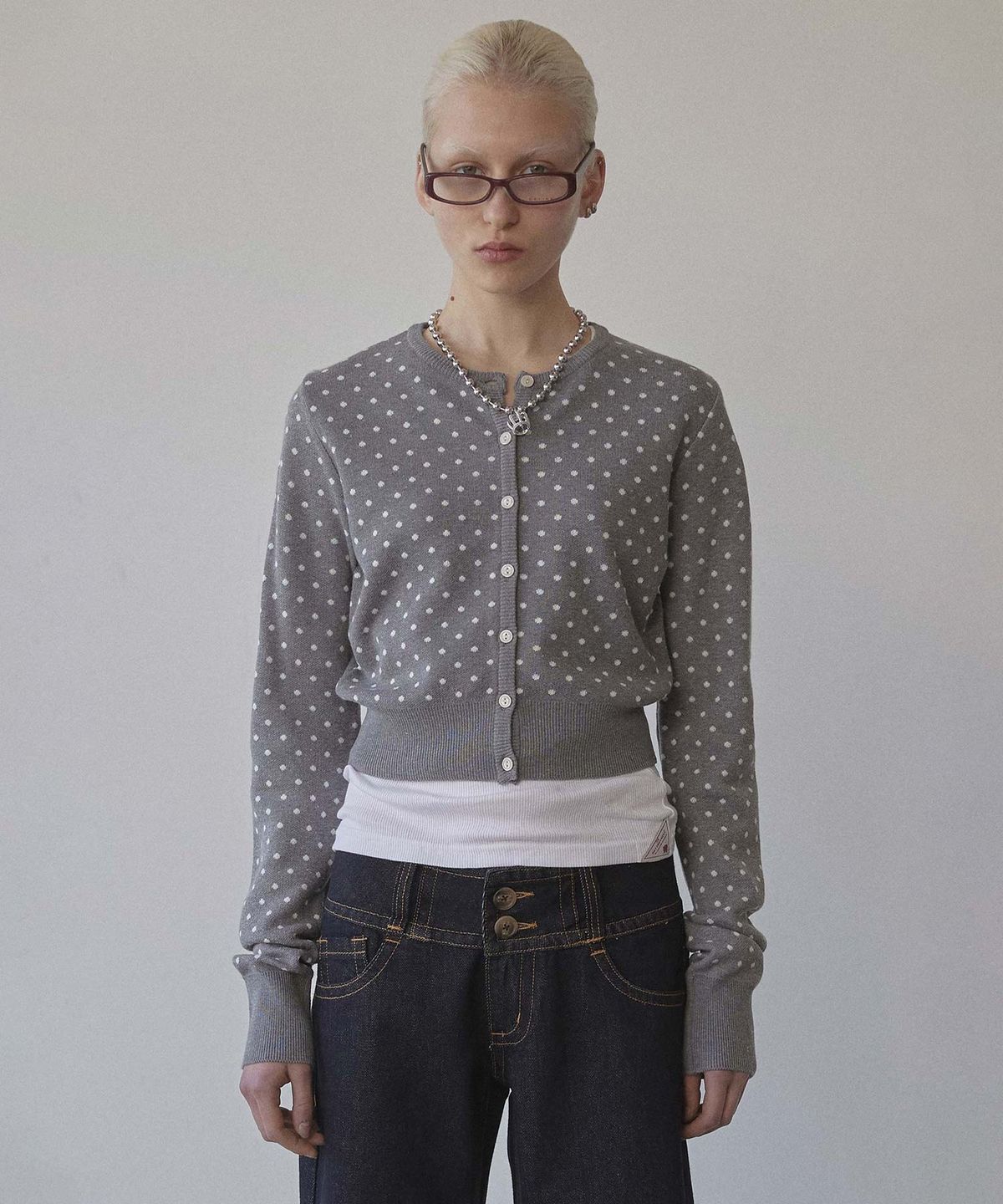 스컬프터(SCULPTOR) Polka Dot Cardigan Melange Gray/White