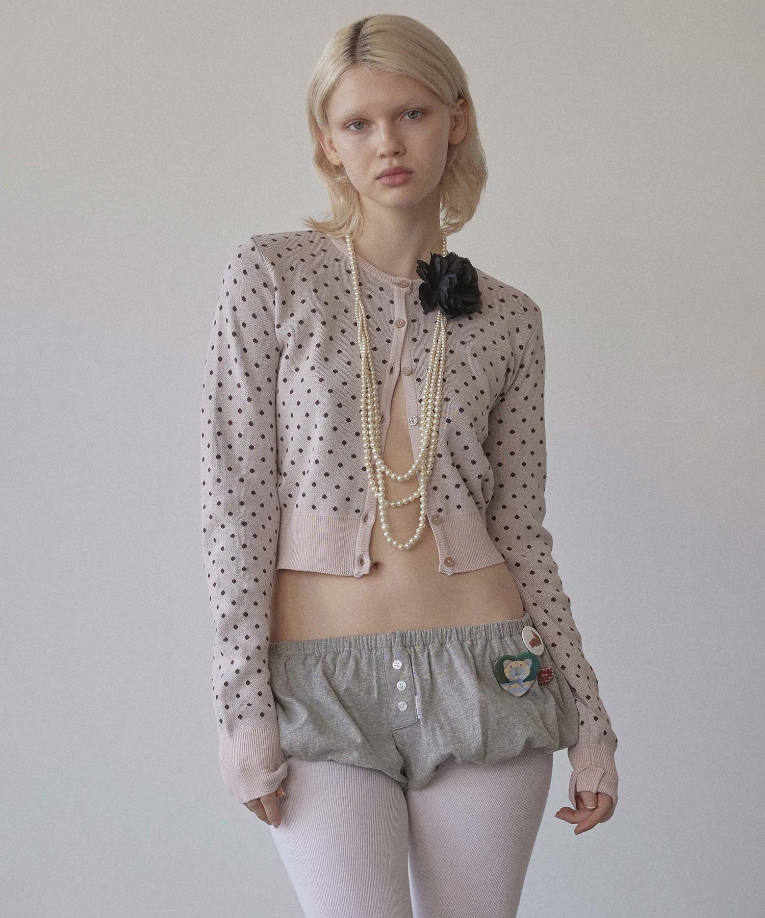MUSINSA | SCULPTOR Polka Dot Cardigan Baby Pink/Brown