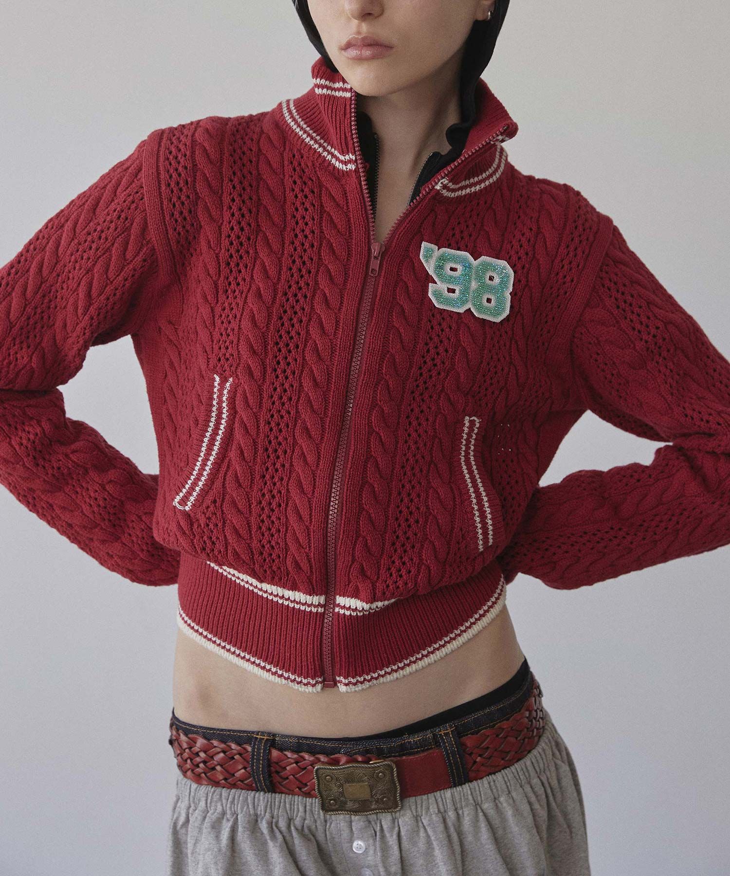 ★SCULPTOR★ Knitted Cable Track ZipUp RedIvory SC25S108RD MUSINSA | SCULPTOR Knitted Cable Track Zip-Up Red/Ivory