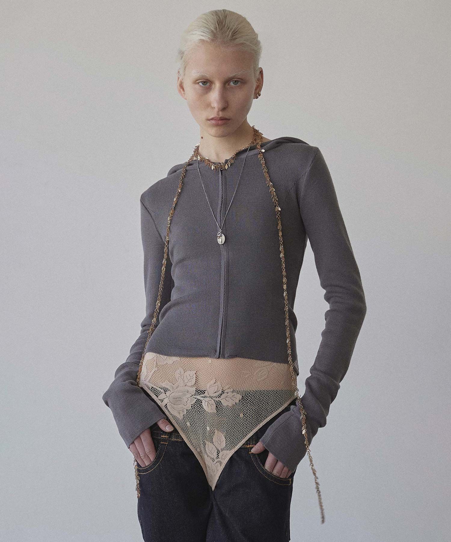 MUSINSA | SCULPTOR Silhouette Knit Zip-Up Hoodie Charcoal