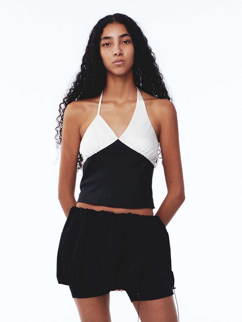 Satin Shirring Halter Top Black Ivory