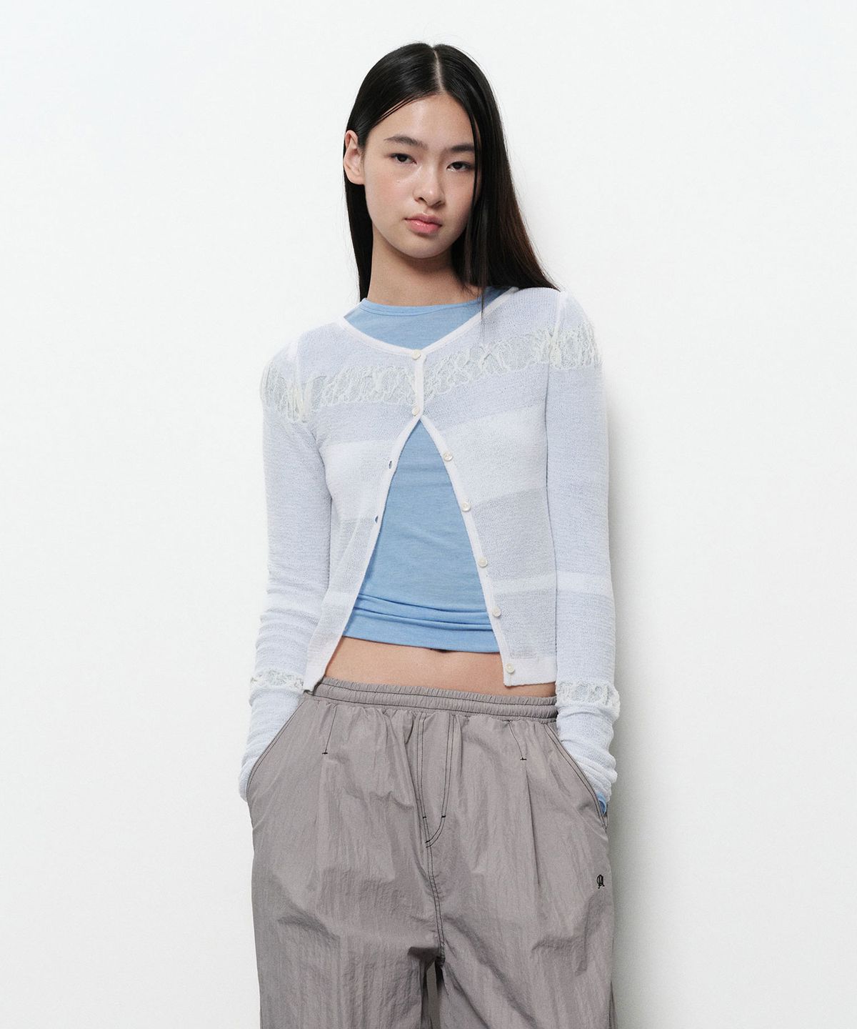 다이애그널(DIAGONAL) SEE THROUGH SHIRRING CARDIGAN (ivory)