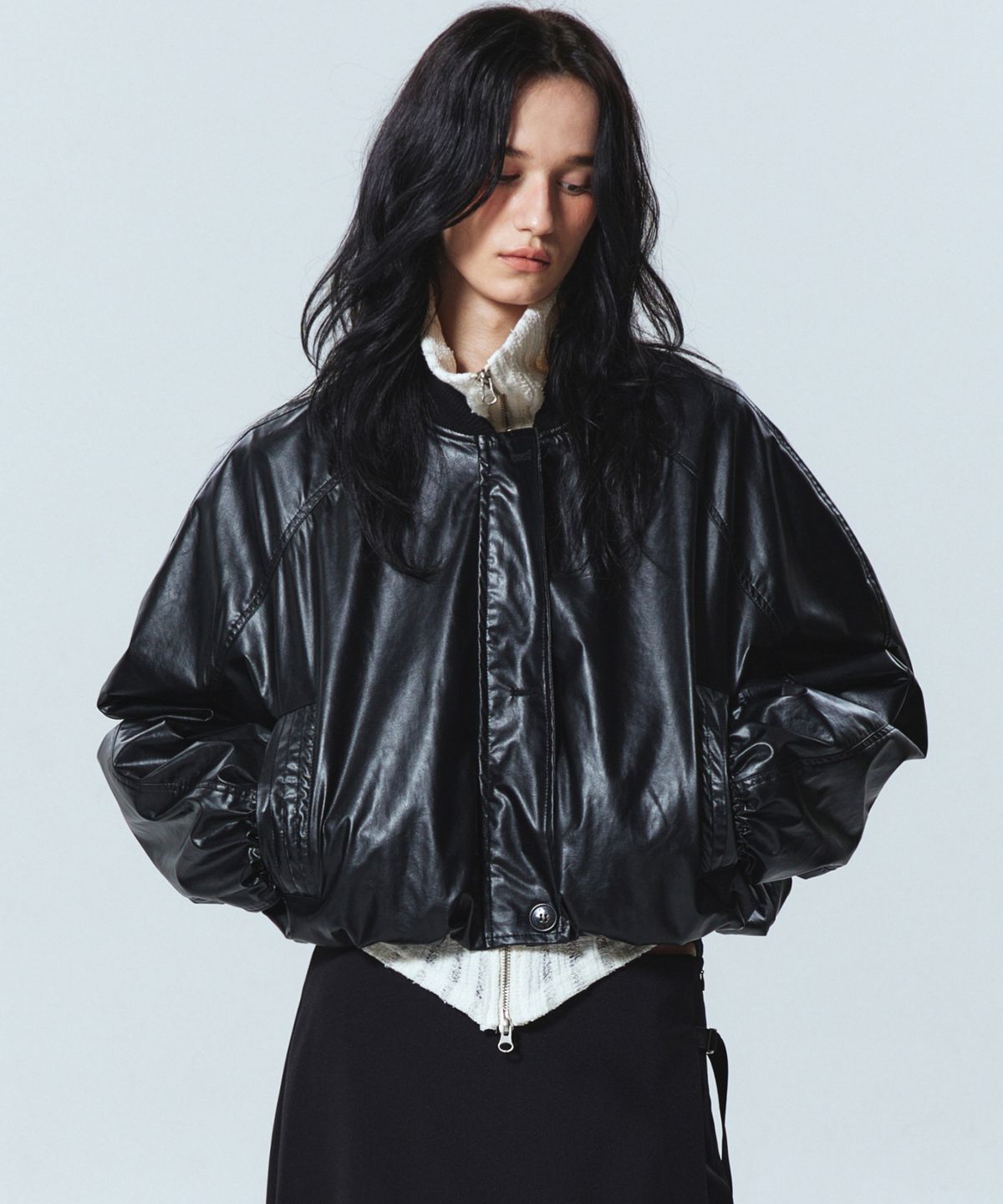 닉앤니콜(NICK&NICOLE) WRINKLE CROP VARSITY LEATHER JUMPER_BLACK