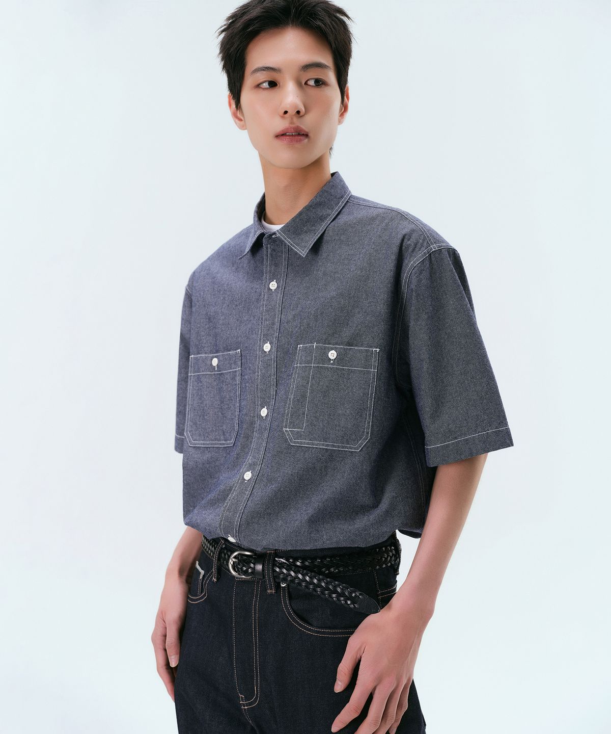 무신사 스탠다드(MUSINSA STANDARD) 샴브레이 반소매 워크 셔츠 [블루]