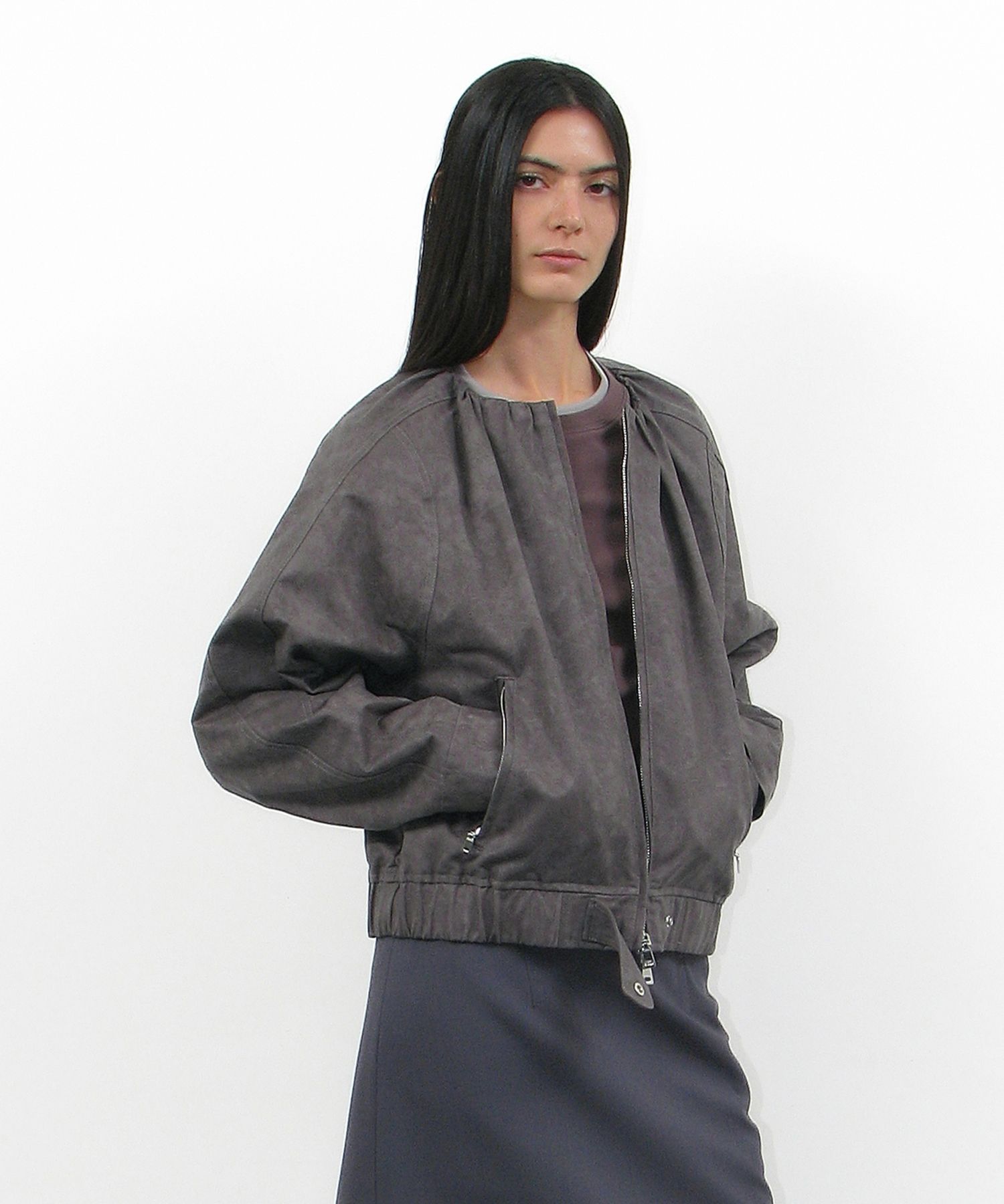 PARTIMENTO WOMAN ♥ NON COLLAR SHIRRING BOMBER JACKET MUSINSA | PARTIMENTO WOMEN Non-collared shirring bomber