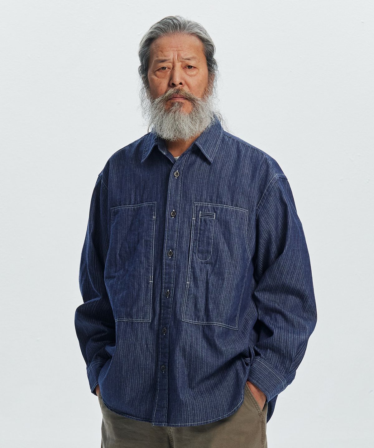 프리즘웍스(FRIZMWORKS) DENIM CARPENTER POCKET WORK SHIRT _ INDIGO STRIPE