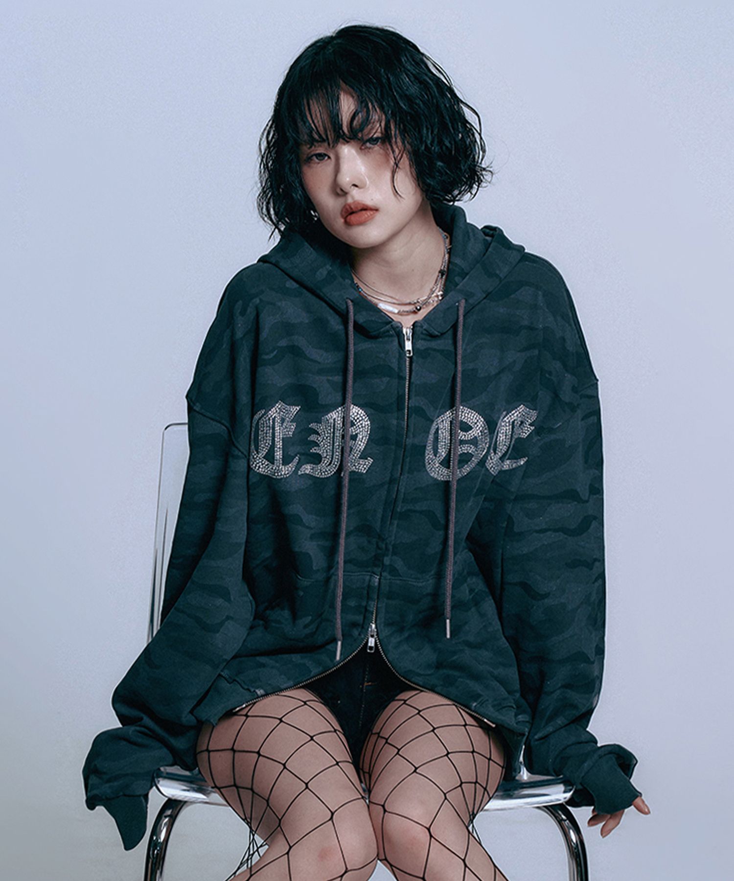 MUSINSA | EASY NO EASY Rhinestone Camo Hoodie - Charcoal