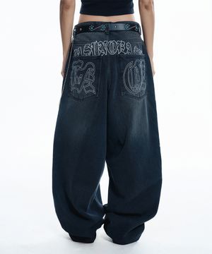 레터링 와이드 데님 팬츠 - 블랙