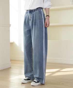 더블라인 핀턱 와이드 데님 팬츠