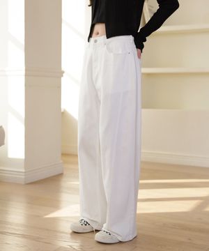 화이트 커브드 절개라인 와이드 면팬츠