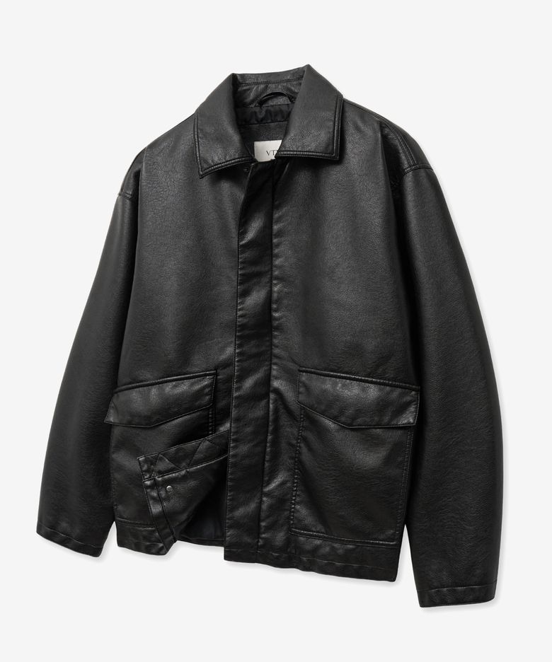 8237 워시드 레더 오버핏 봄버 자켓 (BLACK)