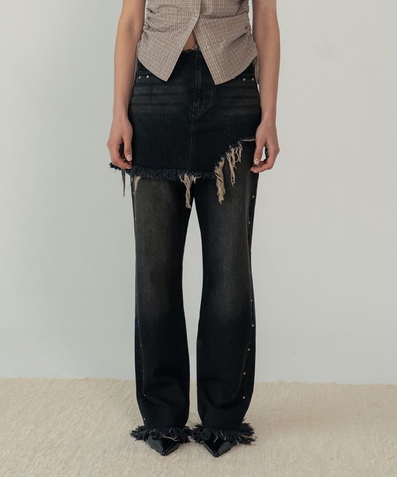 STUD DENIM SKIRT LAYERED PANTS  (BLACK)