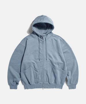 Ribbed Shoulder Zip-Up Hoodie Misty Blue