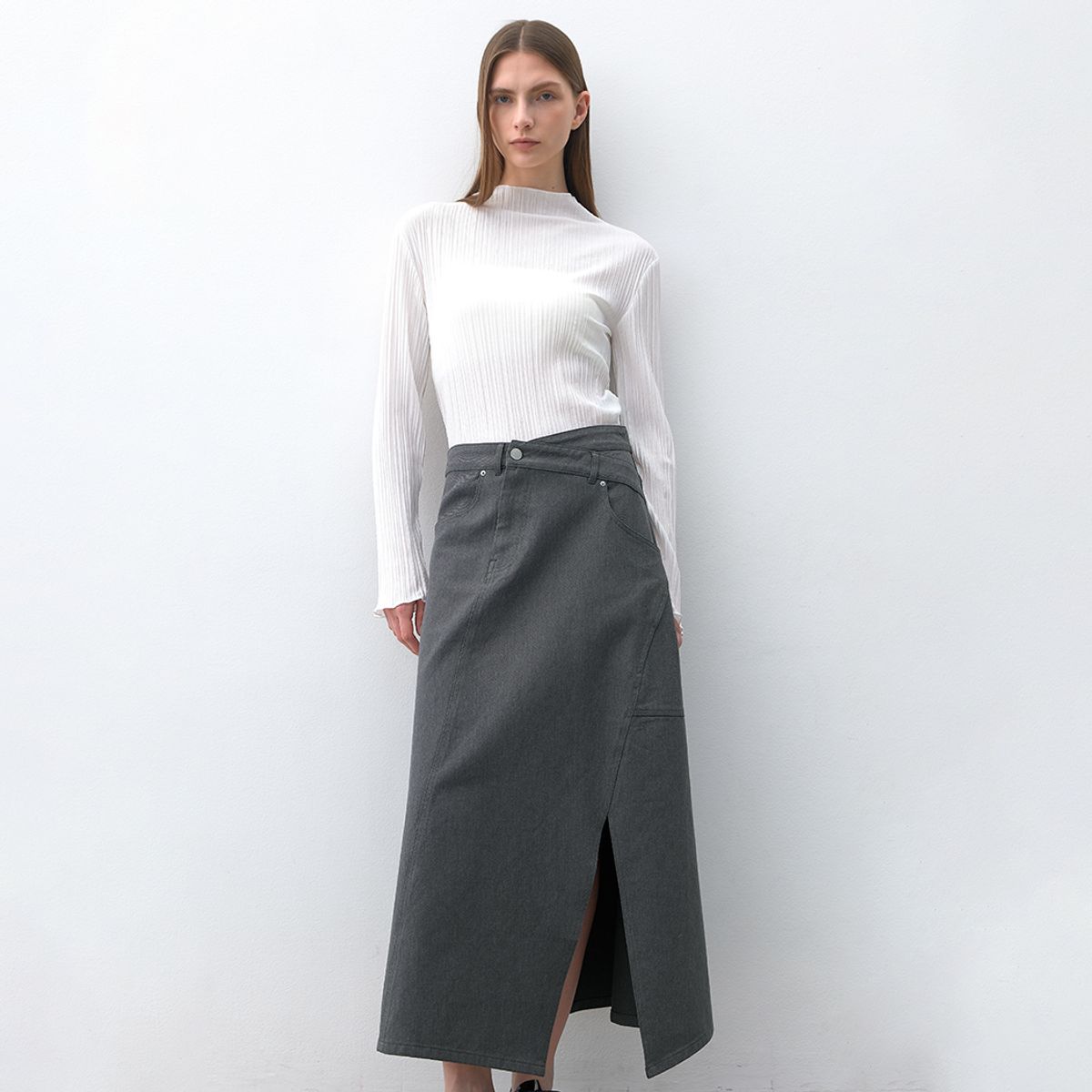 아틀리에 나인(ATELIER NAIN) DIAGONAL UNBALANCE DENIM SKIRT(SK-4996)