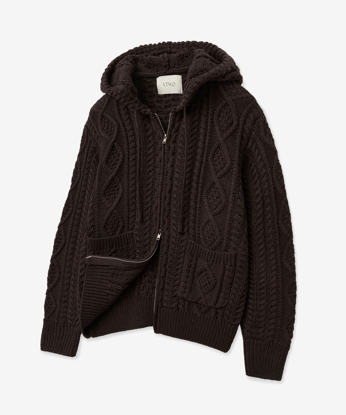 브이투(VTWO) 데일리 케이블 투웨이 후드 집업 니트 (BROWN)