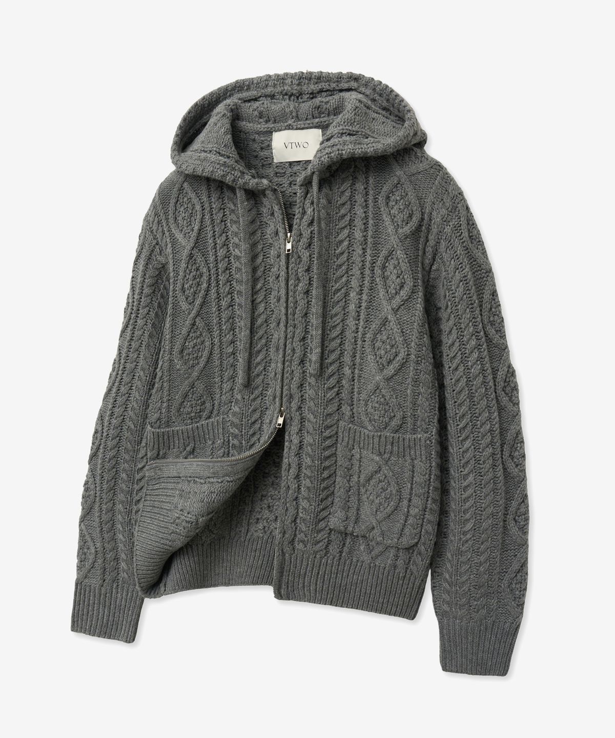 브이투(VTWO) 데일리 케이블 투웨이 후드 집업 니트 (GREY)