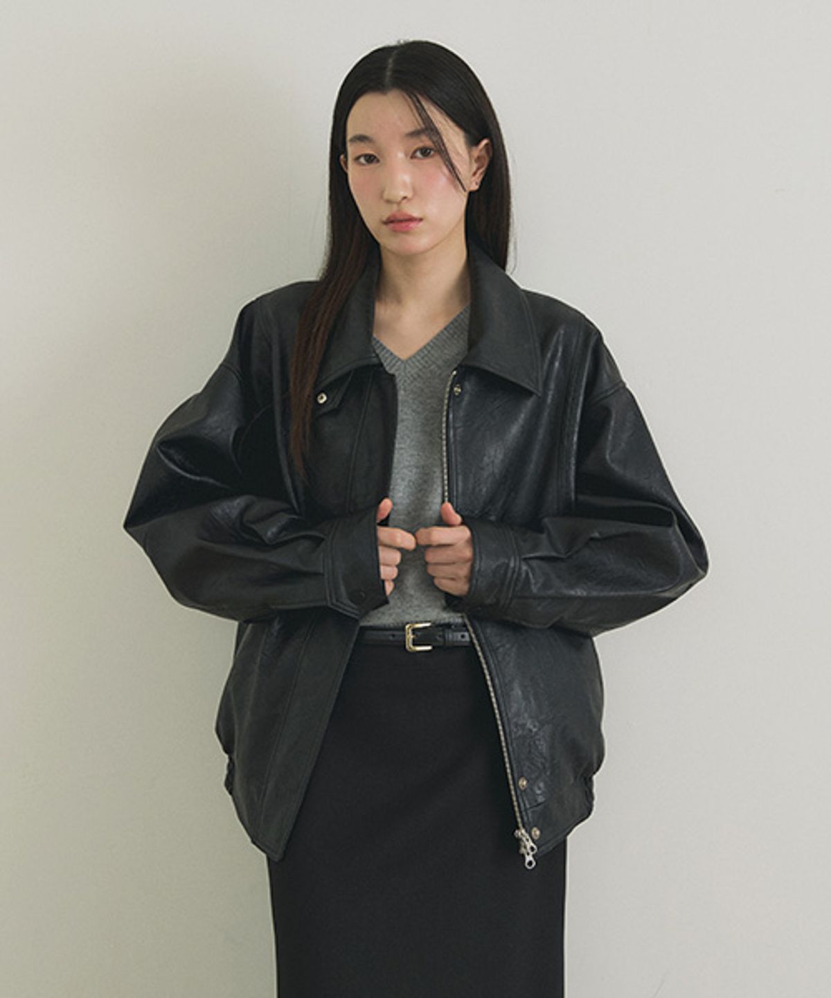 링서울(LINGSEOUL) over fit leather blouson jacket-black