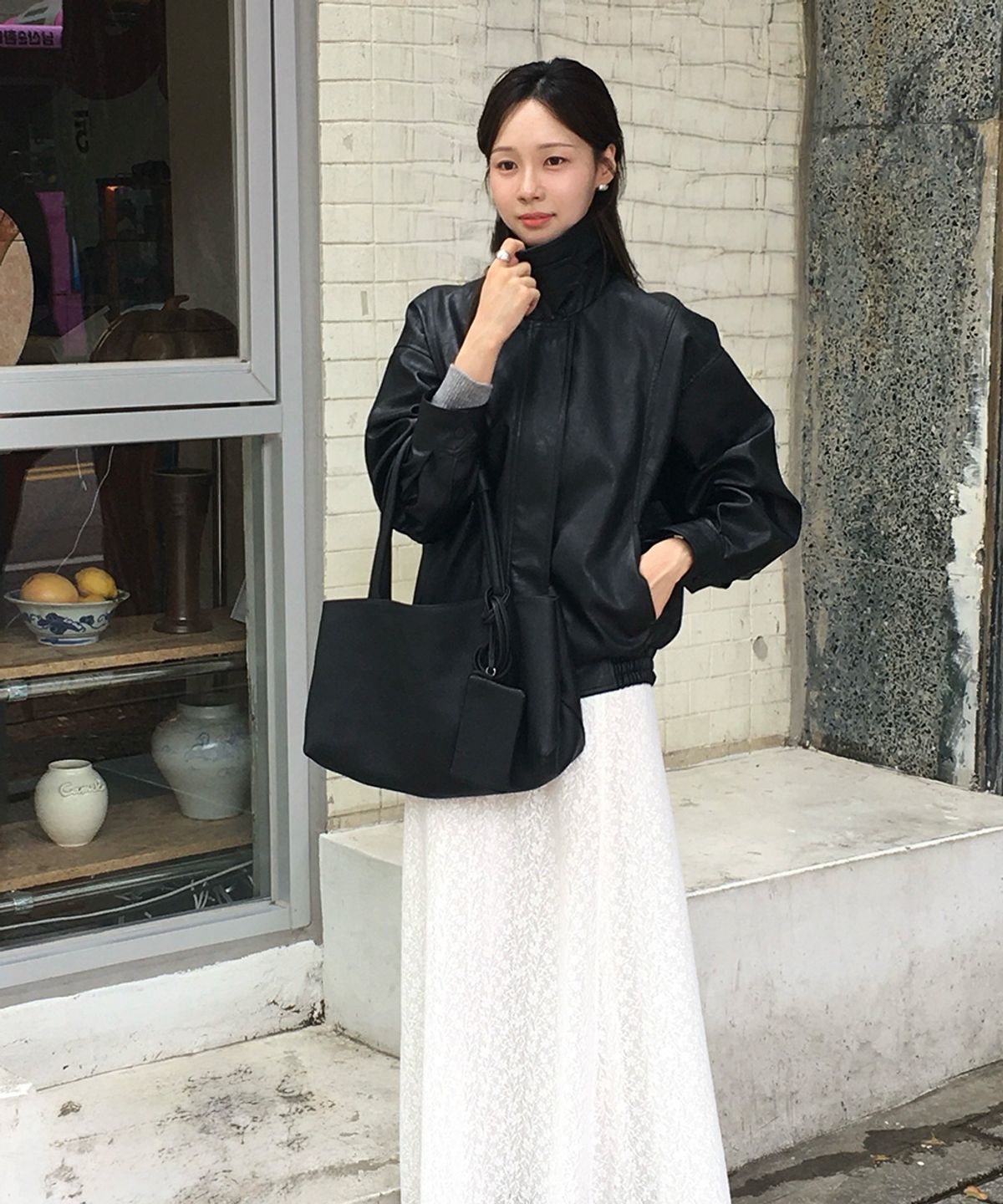 링서울(LINGSEOUL) over fit leather blouson jacket-black