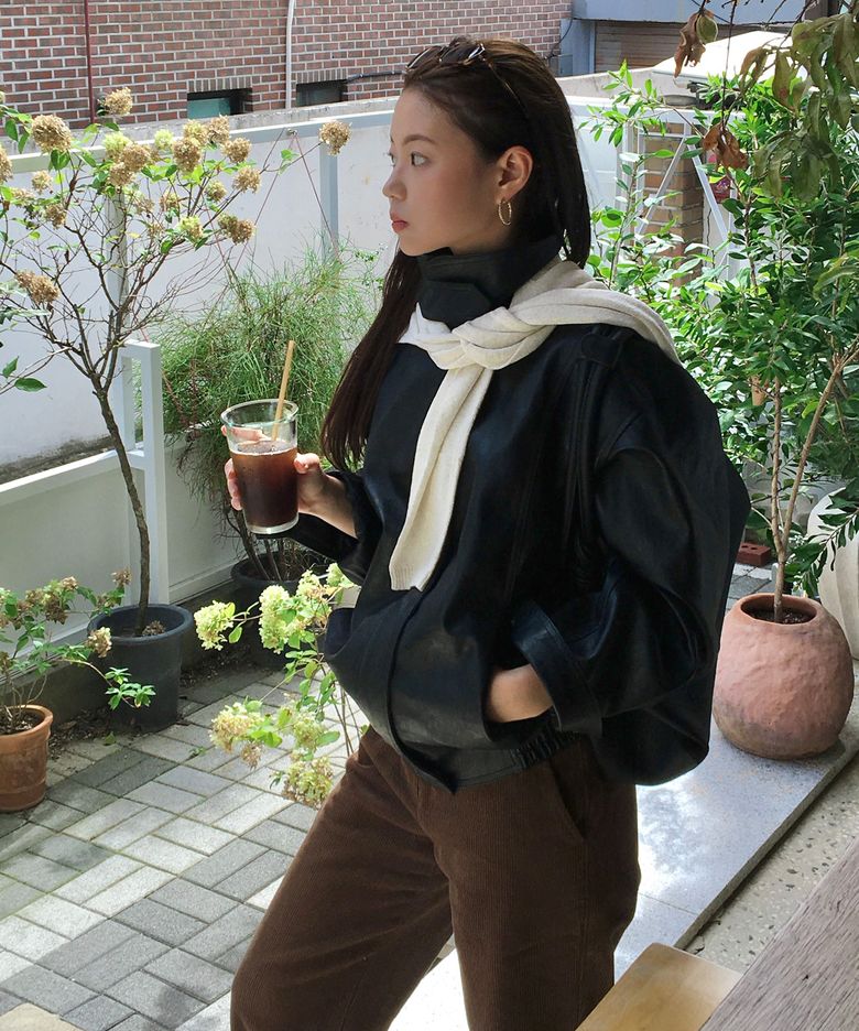 over fit leather blouson jacket-black