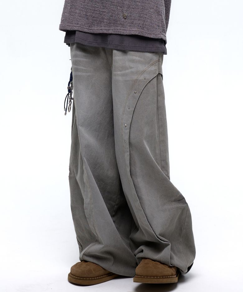 CURVED INCISION BALLOON DENIM PANTS - GRAY