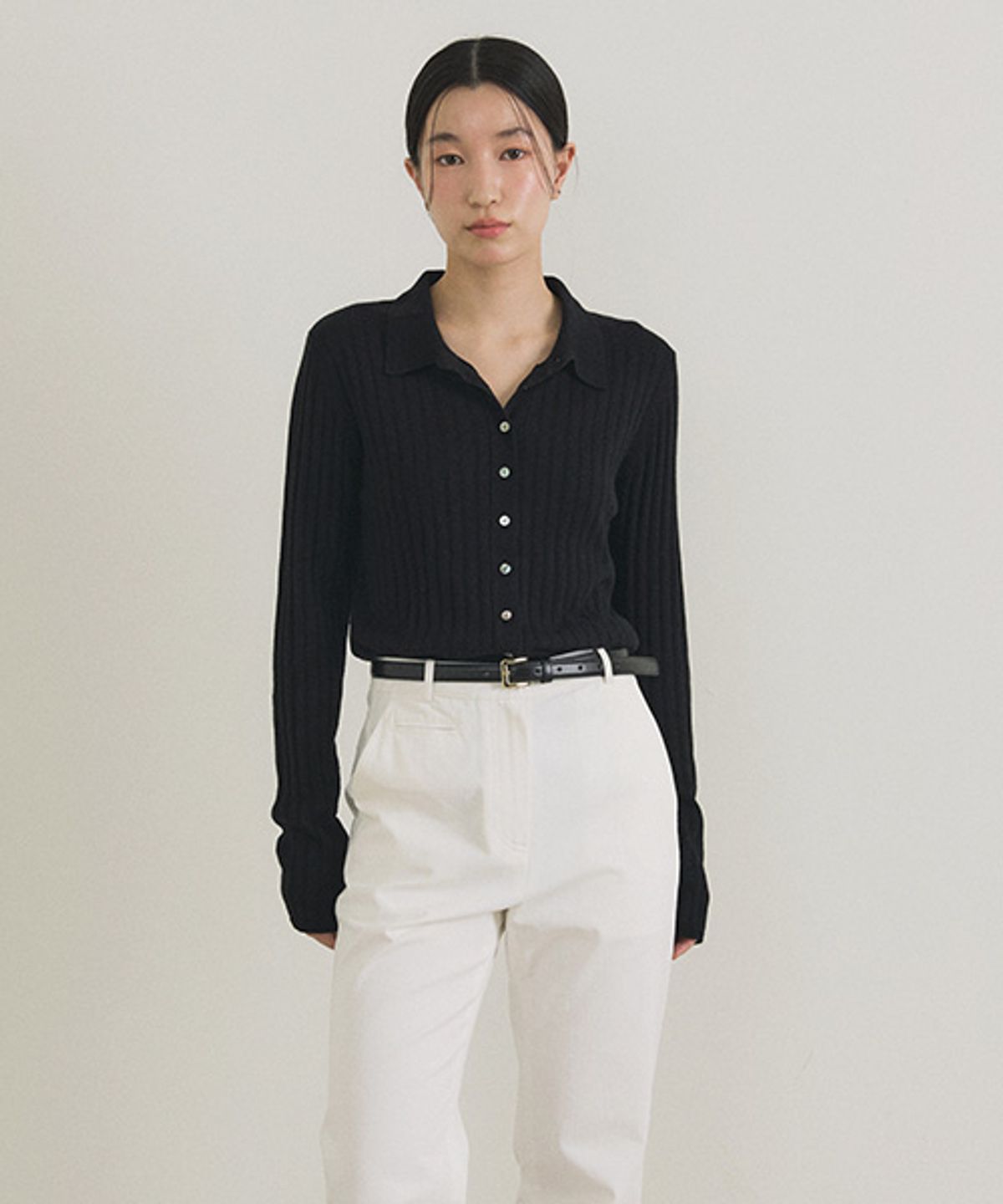 링서울(LINGSEOUL) collar neck knit cardigan-black