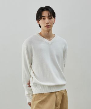 코튼 브이넥 세미오버 니트 - 아이보리