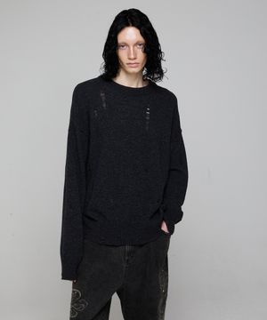 데미지 라운드 니트_차콜