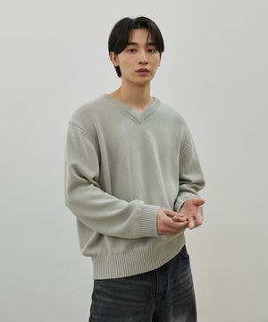 코튼 브이넥 세미오버 니트 - 회베이지