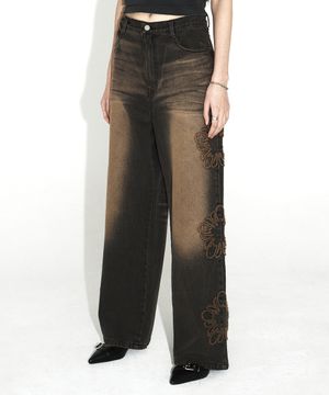 무궁 아플리케 워시드 데님 팬츠_블랙