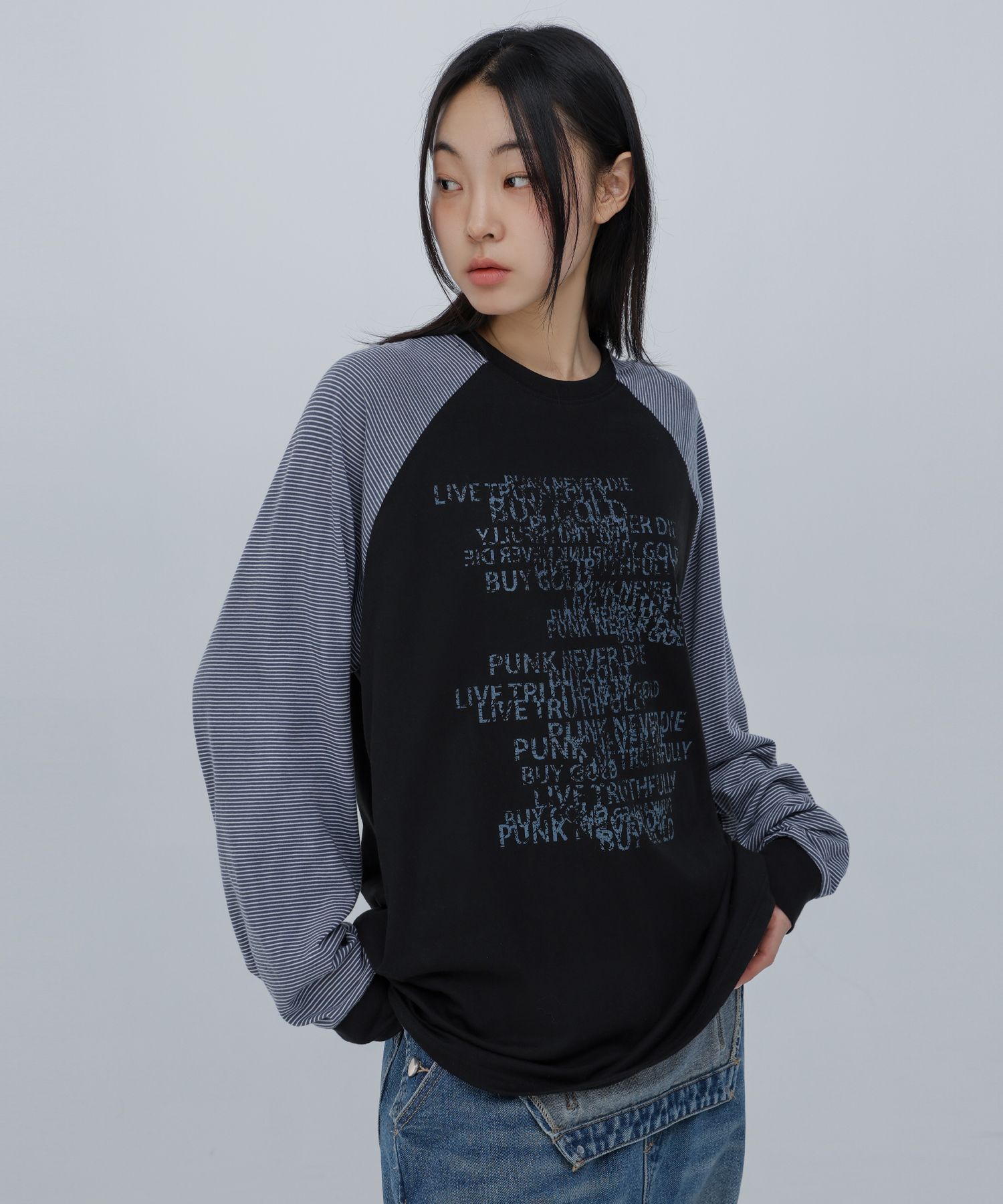 MUSINSA | CHICKS Punk Never Die Raglan Stripe T-Shirt Black