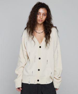 데미지 브이넥 니트 가디건_아이보리