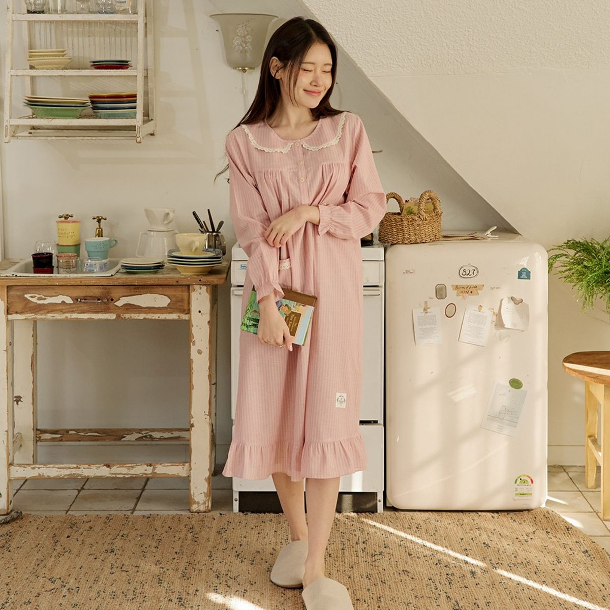찌니야(JJNIYA) 여성용 베인 40수 순면 긴팔원피스잠옷