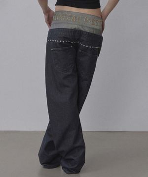 Beaded Layered Denim Pants Nonfade Gray