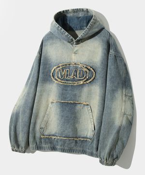 VLAD 데님 아플리케 후드 티셔츠_더스트 인디고