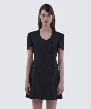 Jenn Round Neck Half-Sleeve Suit Jacket Dress - Black