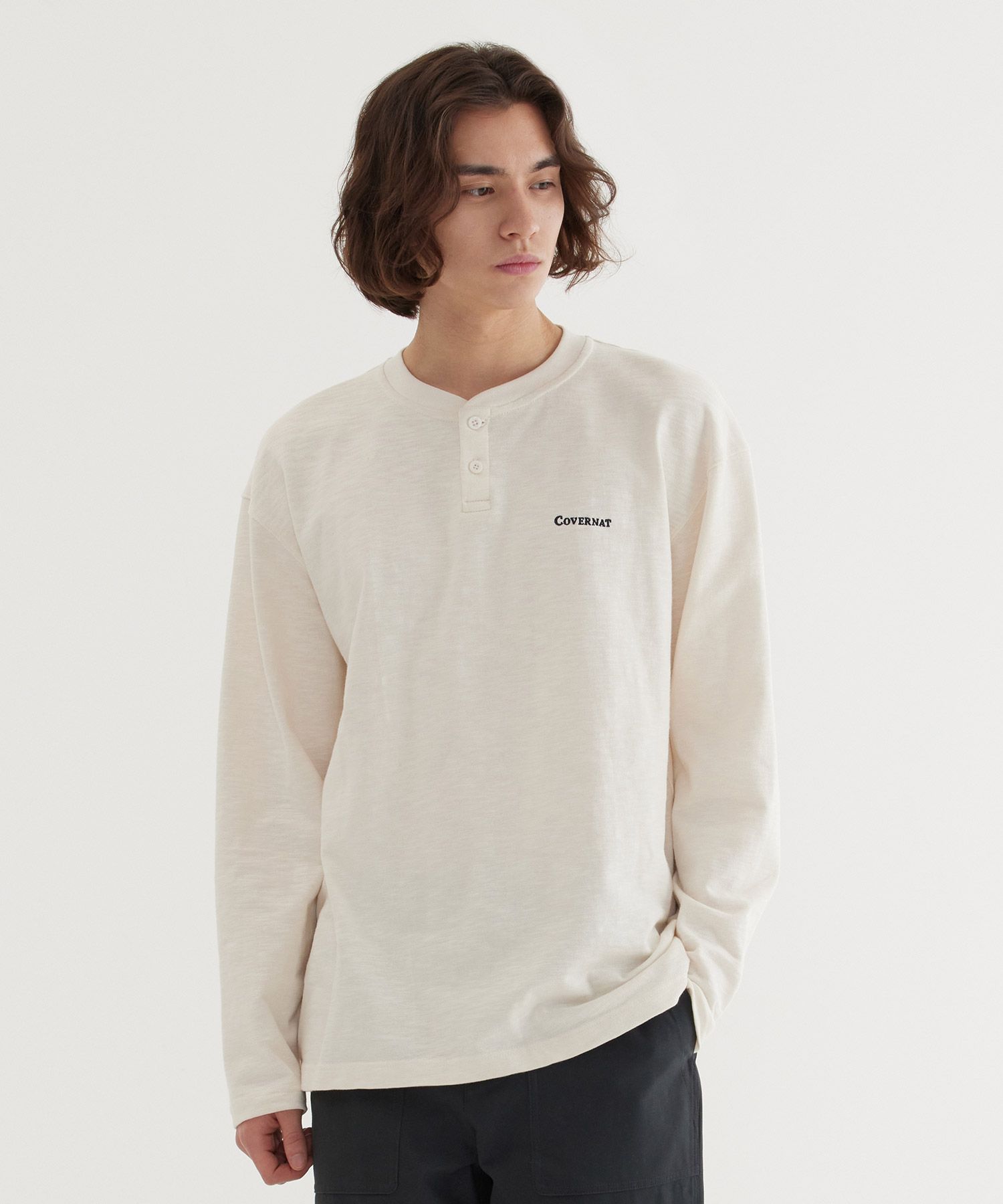 Tシャツ・カットソー COVERNAT Slub henley neck t-shirt ivory Slub Jersey Short Sleeve Henley - White | James Perse Los