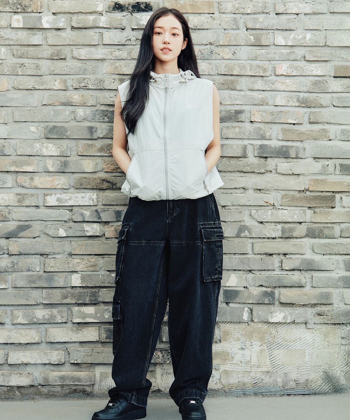 리(LEE) 오버사이즈드핏 카고 데님 팬츠 블랙 워싱