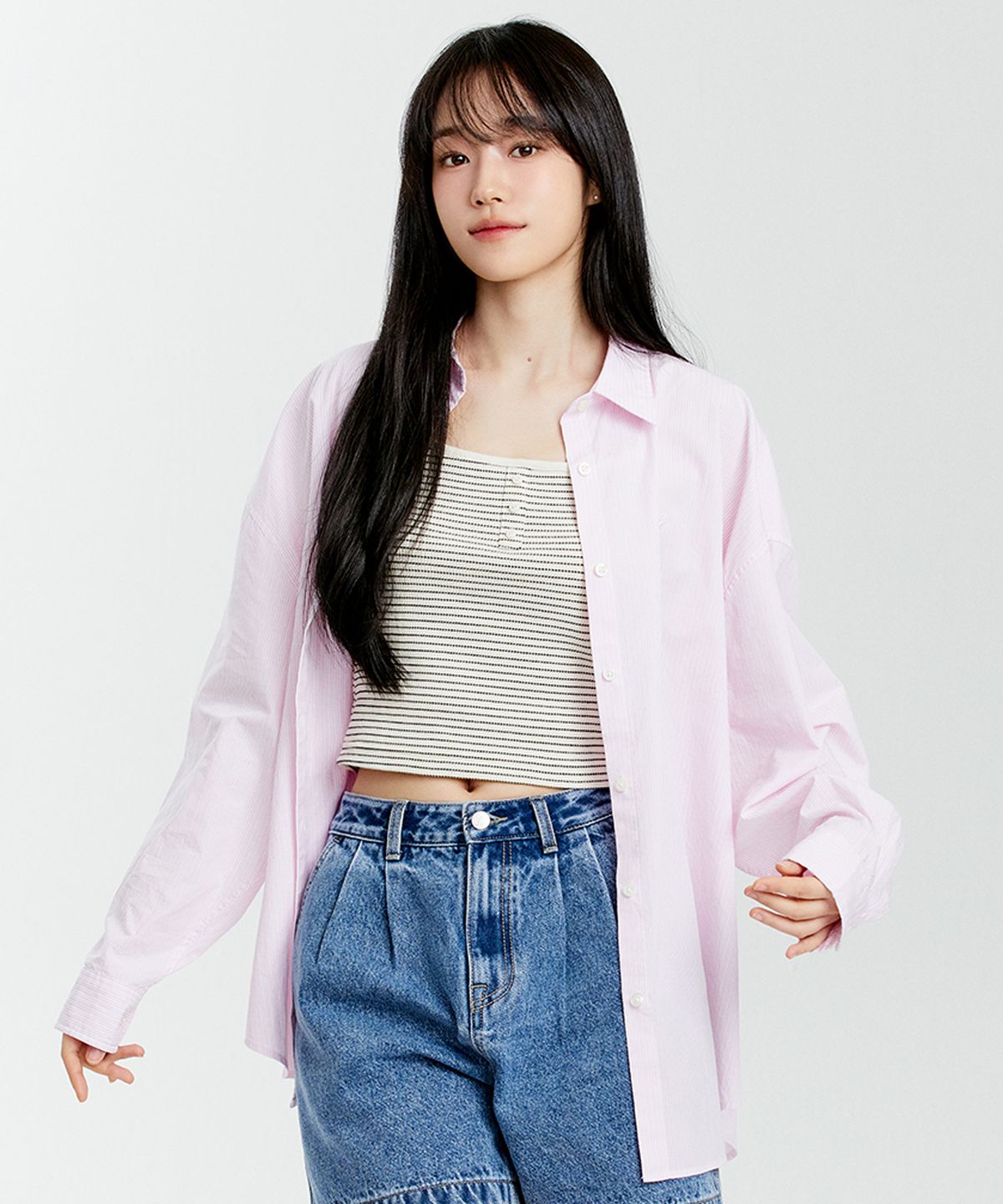 리(LEE) 우먼 스트라이프 오버핏 셔츠 라이트 핑크