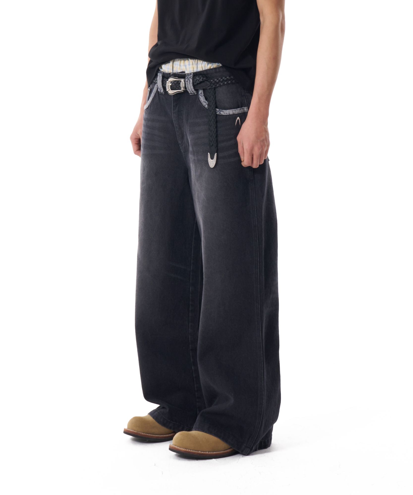 MUSINSA公式 | AAKAM Contrast Washed Denim Pants (Black)