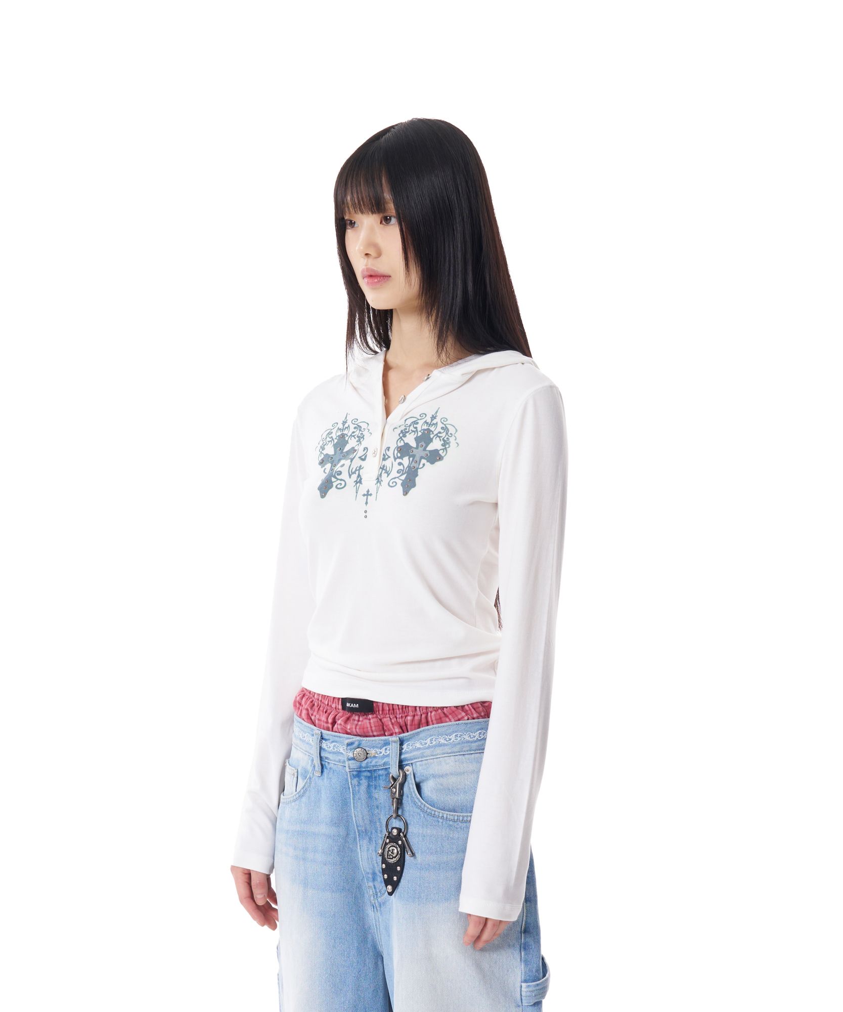 MUSINSA | AAKAM Studded CROS2 Hooded Long Sleeve (White)