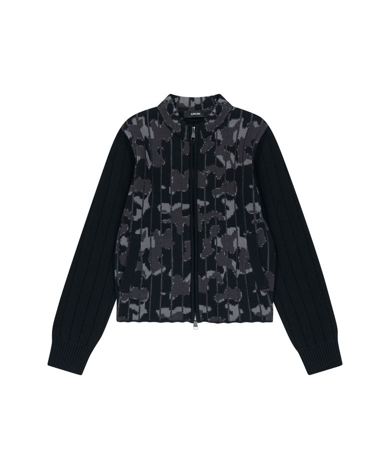 Camouflage Knit Zip-Up Cardigan (Black)