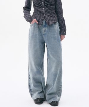 포시즌 이지 워싱 와이드 오버핏 데님 팬츠[연청]