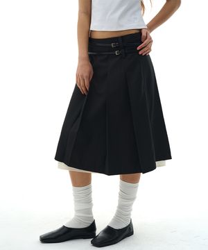 투밸트 로우라이즈 탈부착 플리츠 더블 레이어드 미디스커트_2COLOR