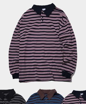 스트라이프 럭비 롱슬리브 오버핏 피케 카라 긴팔 폴로 티셔츠_3COLOR