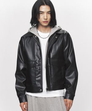 후드 레이어드 비건 레더 재킷  [블랙]
