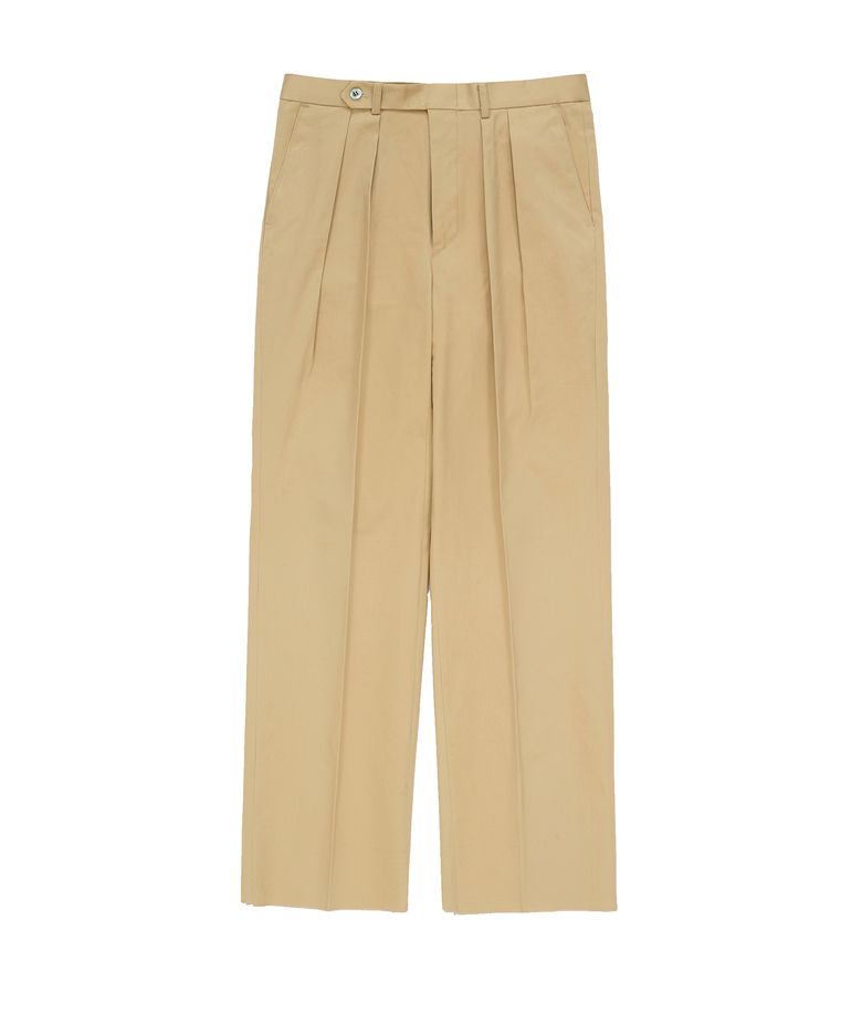 Gabardine cotton Double Pleats Wide Chino Pants (Beige)