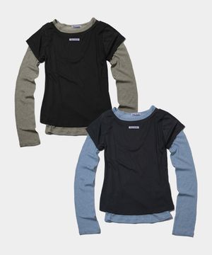 올인원 언발 더블 배색 레이어드 롱슬리브 티 세트_2COLOR